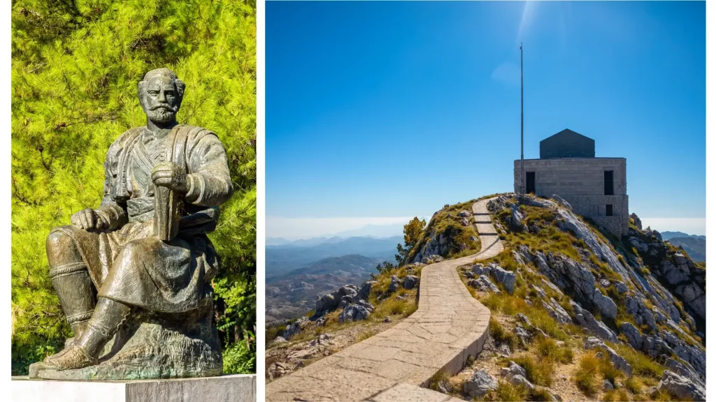 The statue of the great Njegoš in Podgorica and his final resting place - the mausoleum on Lovćen mountain